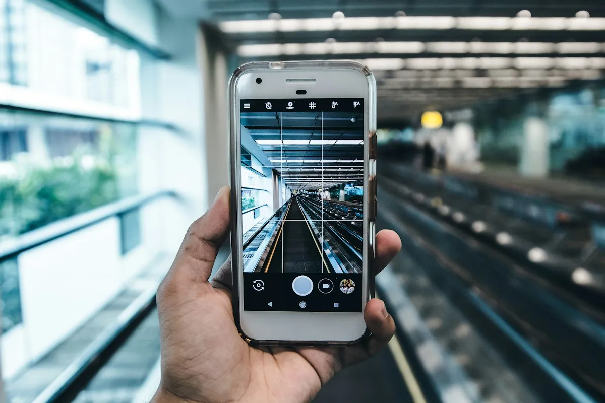 Una mano tiene uno smartphone in un corridoio con tapis roulant di un aeroporto