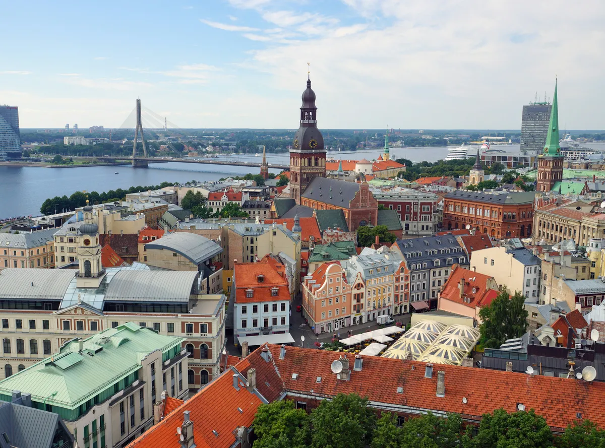 Riga Old Town from above, with the cathedral, red roofs and the Daugava river