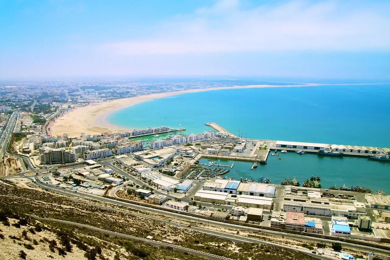 The beach and harbour of Agadir, Morocco, seen from above on a sunny day