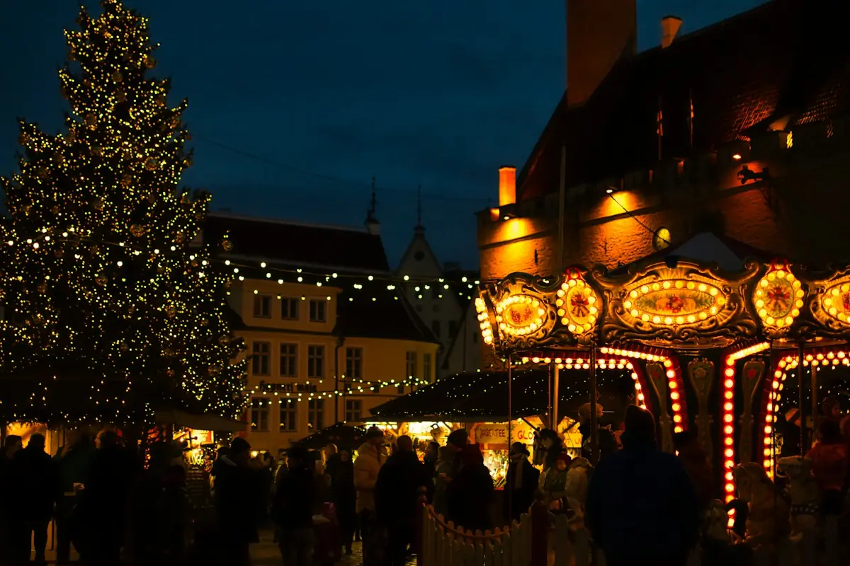 L'albero di Natale e la giostra illuminata nel centro di Colmar