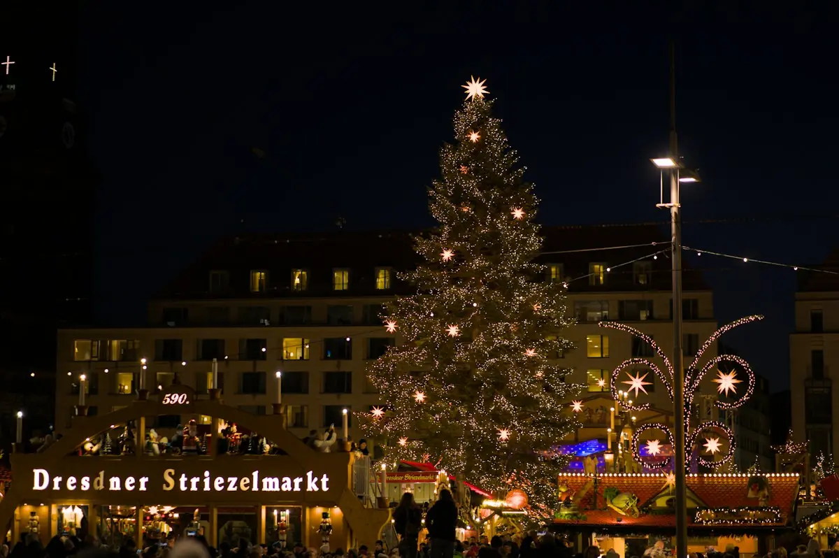 Lo Striezelmarkt di Dresda con il grande albero illuminato